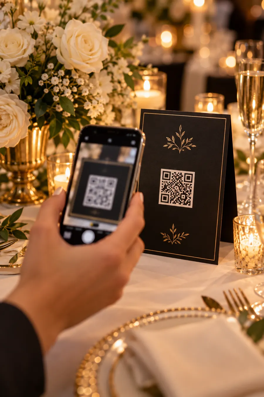 A guest scans the QR code on a table card at a wedding reception